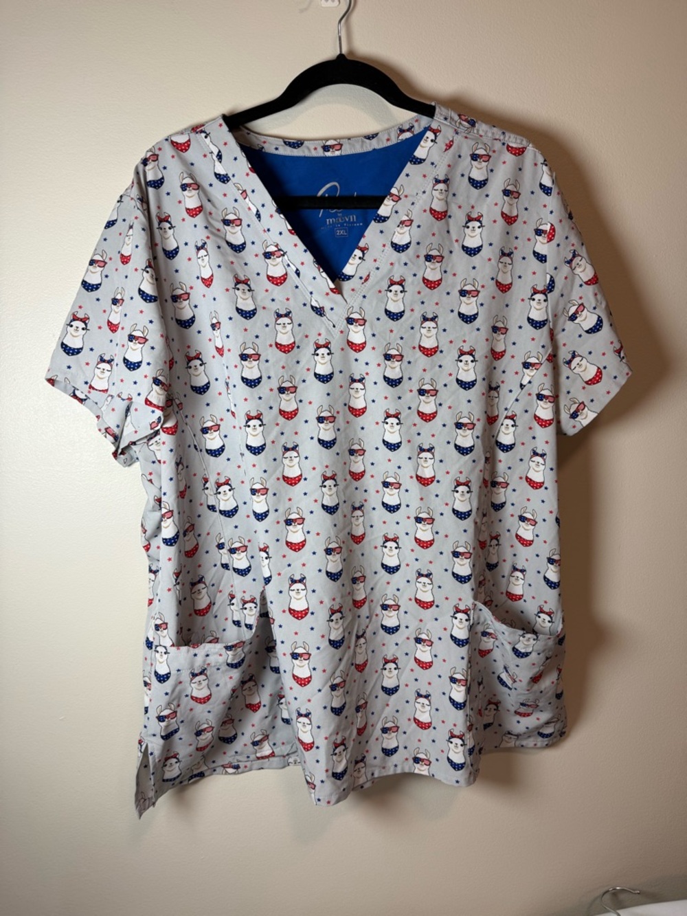 Maevn Gray Scrub Top with Llamas